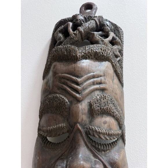 Vintage African Huge Solid Hand Carved Wood Tribal Wall Hanging Face Mask 30”. - Picture 4 of 15